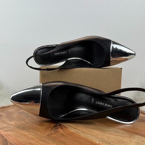 Nine West Sz 8M Black Silver Cap Toe Pointed Slingback Stiletto Heels Pumps Chic - Picture 12 of 14
